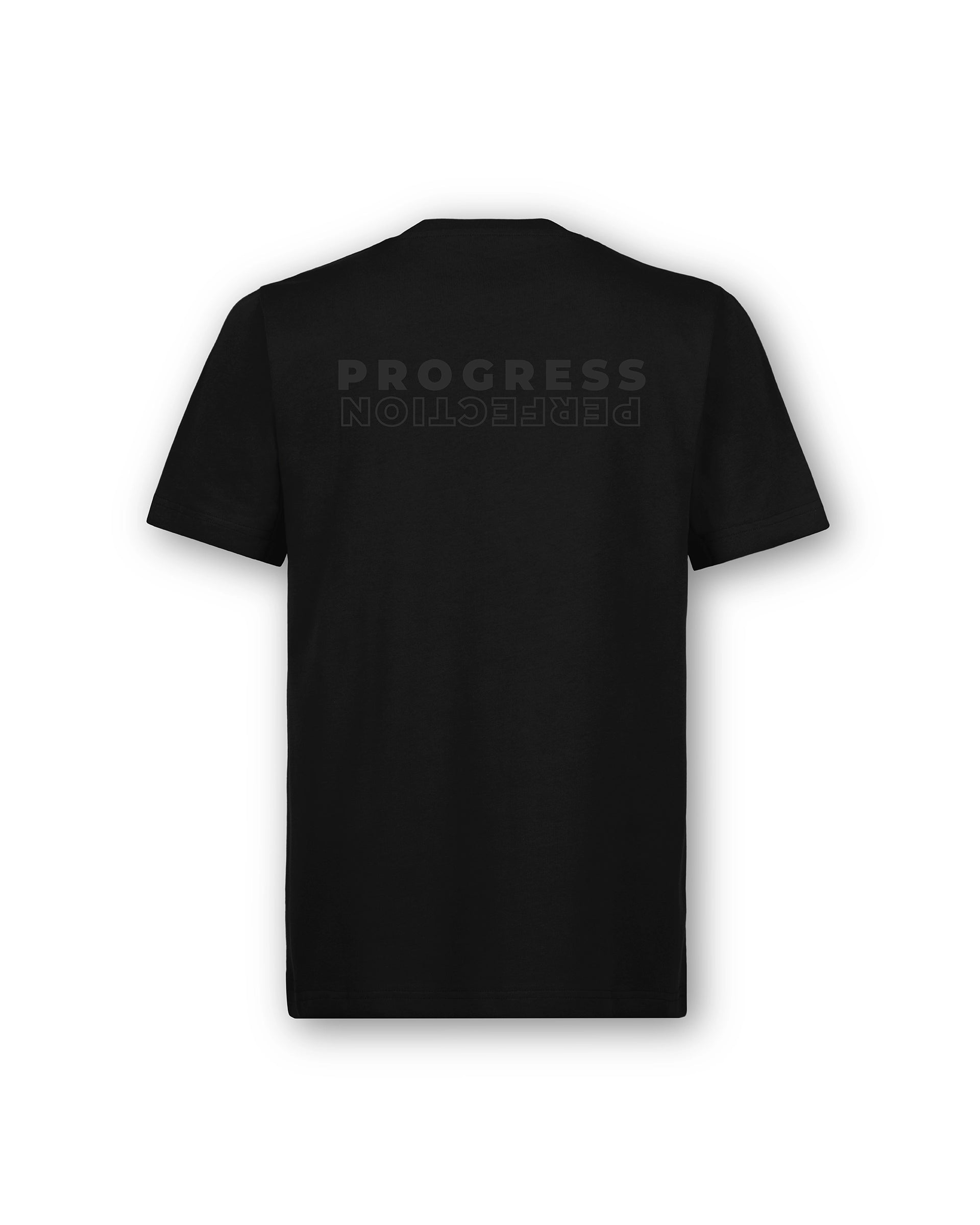Black t-shirt with 'PROGRESS MODELING' text on the back against a white background