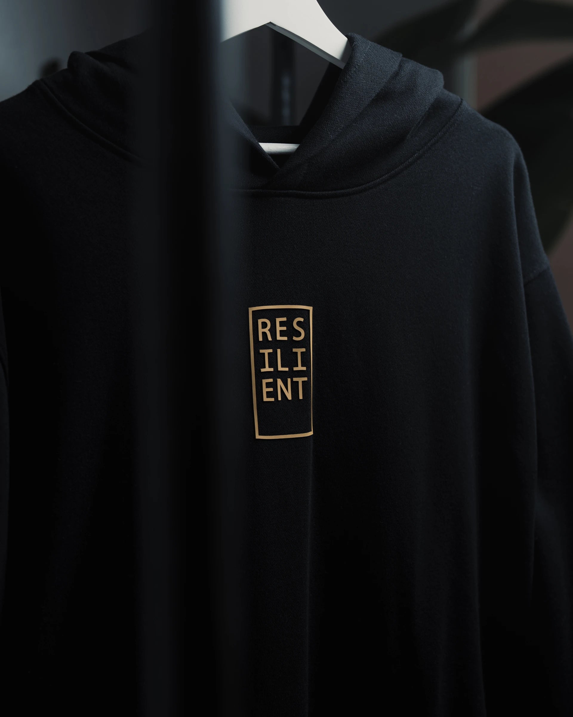 Minimal black Resilient Hoodie by ODAAT Apparel, heavyweight organic cotton with gold print logo, hanging on white hanger, premium streetwear design,