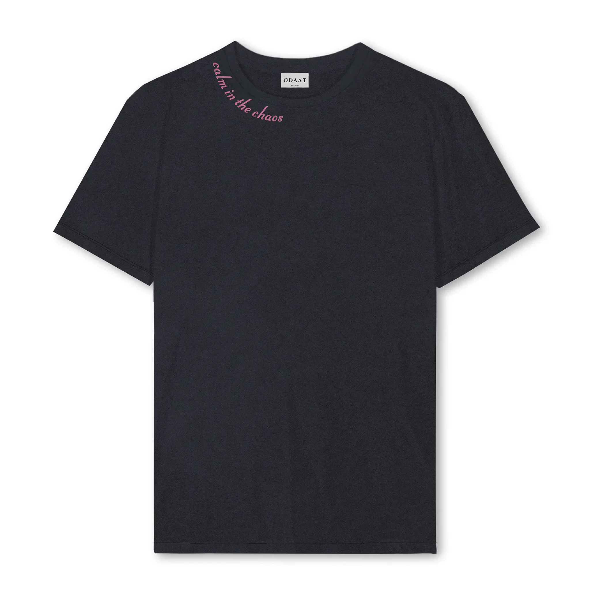 ODAAT Apparel, vintage black t-shirt with the words "calm in the chaos" embroidered on the neckline in pink. 