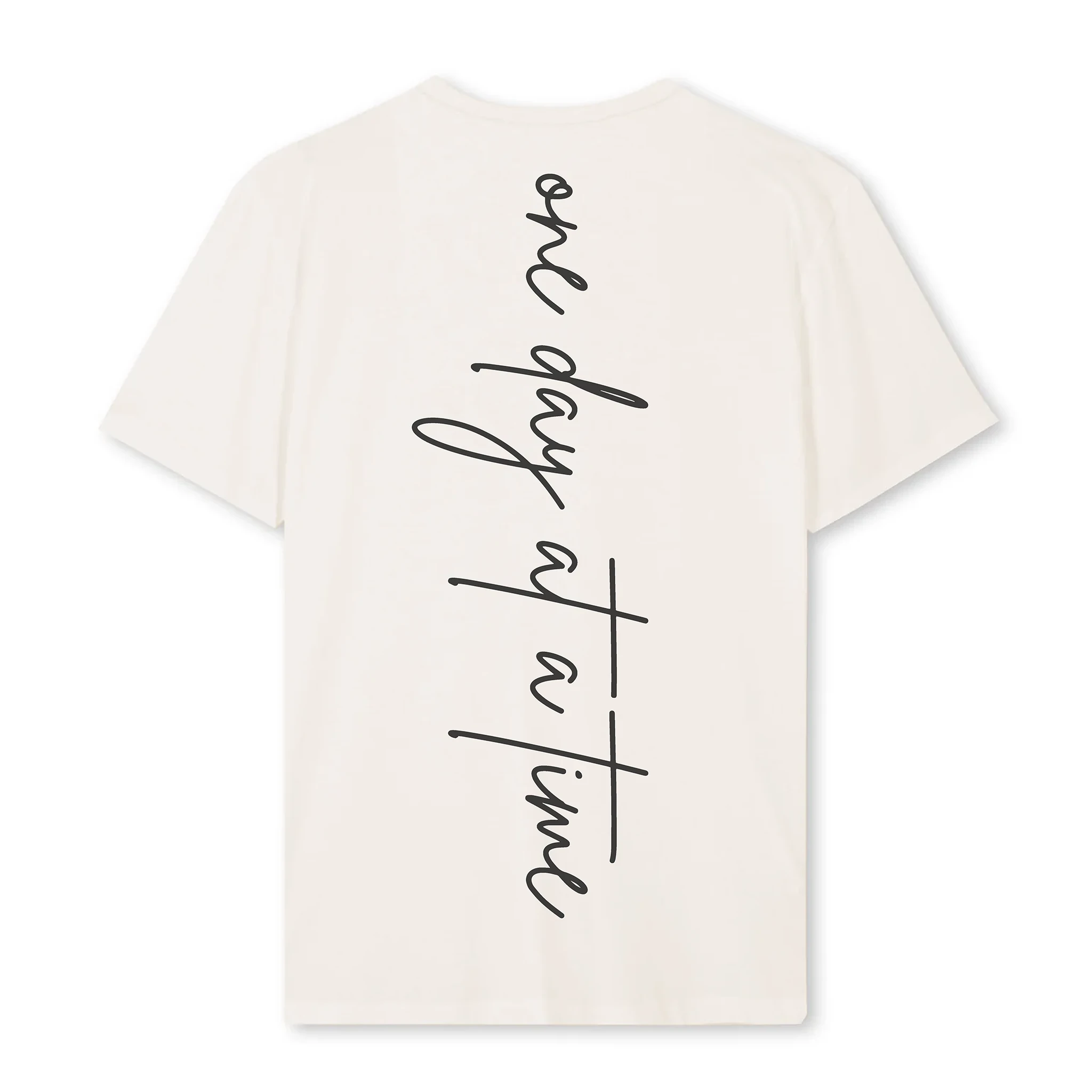 ODAAT Apparel, vintage white t-shirt showcasing the script print along the back of the spine.
