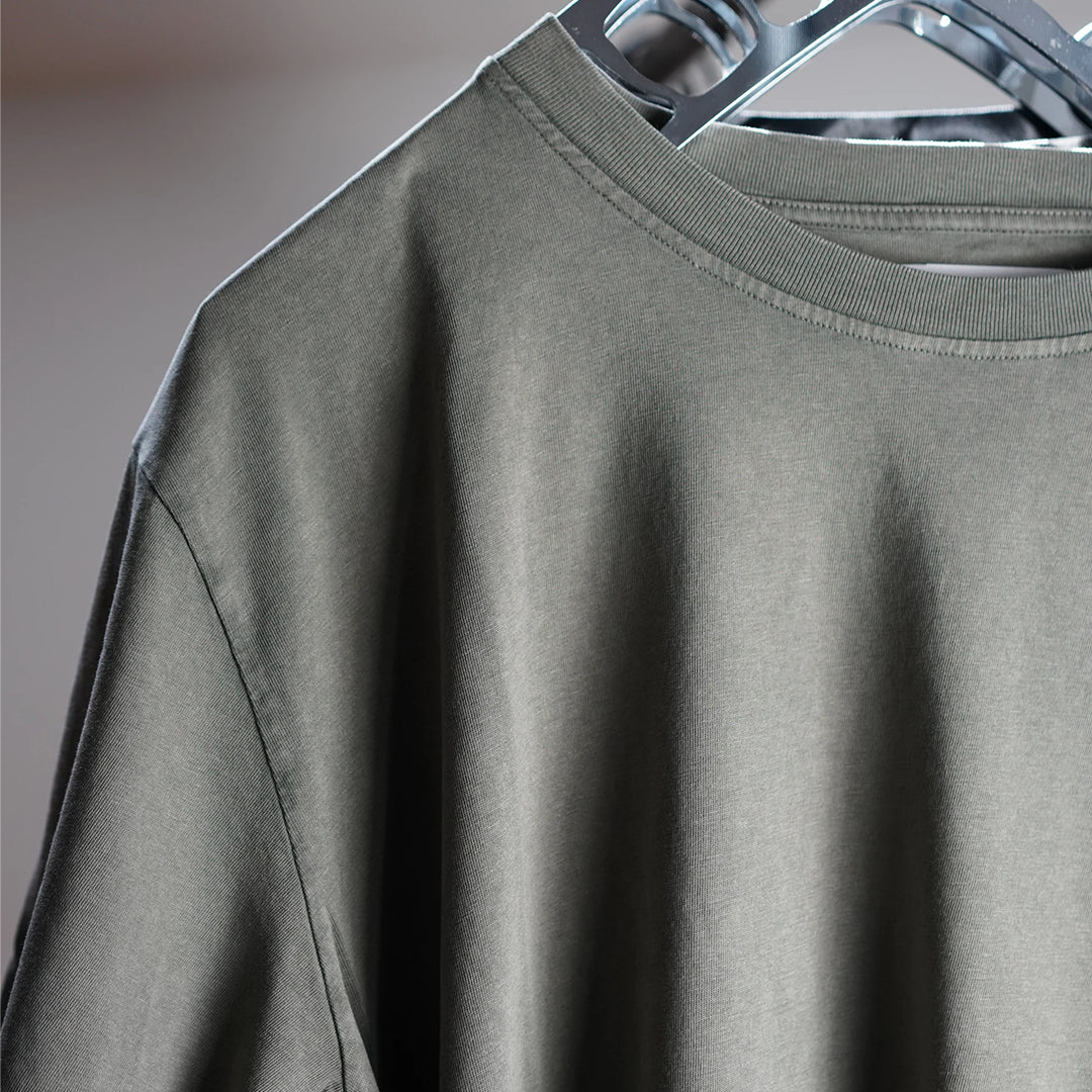 Midweight Tee in Olive, collar and shoulder detail