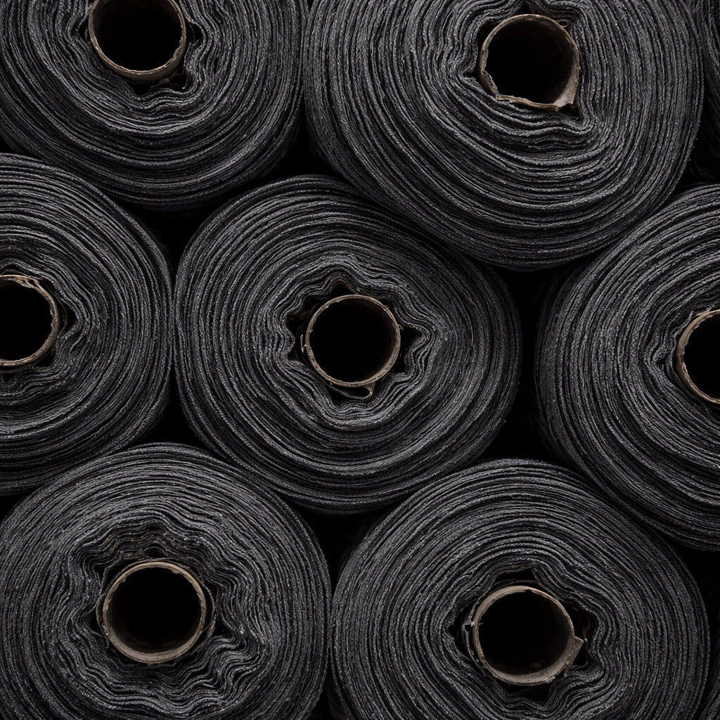 Close-up of stacked organic cotton fabric rolls in charcoal grey, highlighting layered textile texture and material construction
